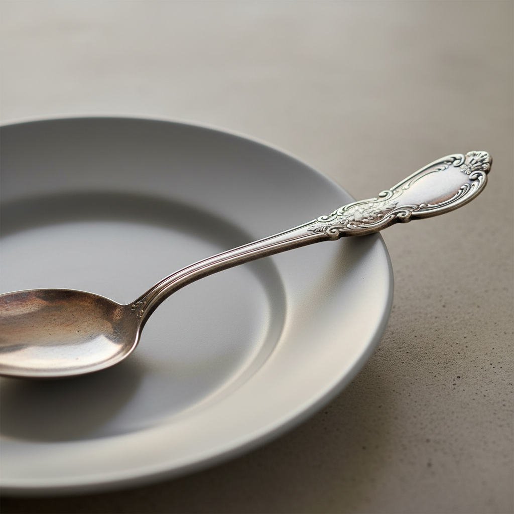 An antique silver serving spoon with a delicately engraved, baroque-patterned handle positioned on a smooth, light-gray ceramic plate. The setting is on a minimalist, subtle concrete backdrop, with gentle natural afternoon light filtering in, emphasizing the spoon’s gracefully tarnished patina and intricate details. The composition utilizes a shallow depth of field and close-up framing, focusing on the spoon’s ornate features while softly blurring the background, contributing to a mood of quiet refinement and history. The overall look is elegant, understated, and aligned with a sophisticated, photographic visual style.