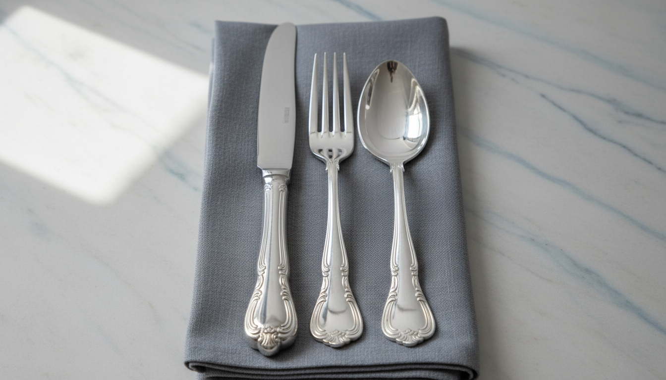 A refined set of sterling silver cutlery including a knife, fork, and spoon, arranged gracefully on a folded slate-gray linen napkin. The silverware's surface features intricate, polished reflections, fine detailing on the handles, and a gentle luster that catches soft, diffused daylight streaming through a nearby window. Lending a minimalist yet sophisticated composition, the set sits on a matte, pale stone tabletop with echoes of cool tones. Captured from a slightly elevated, centered perspective, the image conveys a calm, elegant mood perfect for an upscale store home page. The photographic realism and muted color palette underscore a sense of timeless luxury and craftsmanship.