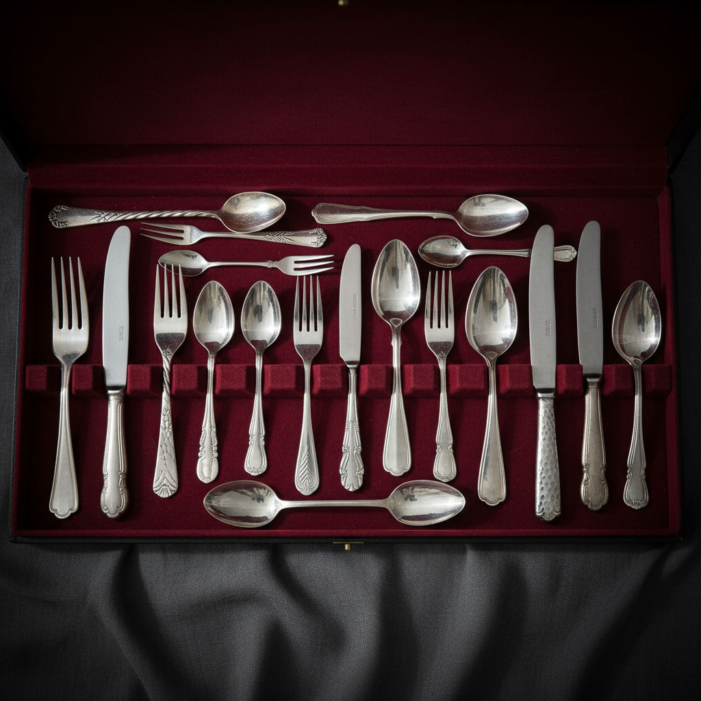 An open velvet-lined box displaying a curated collection of vintage and contemporary silverware pieces, each with unique handle designs ranging from Art Deco to minimalist. The box is set on a muted charcoal cloth-covered table, surrounded by shadows and illuminated by a single overhead lamp that casts gentle, focused light across the array, creating subtle highlights and understated contrasts. Shot from directly above to capture the array of textures and finishes, the mood is sophisticated and evocative of a timeless treasure trove. The overall aesthetic is photographic, with an elegant and refined composition.